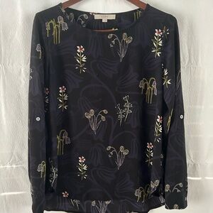 LOFT Women's Crew Neck Blouse Top Long Sleeves Size Small Black Floral Hi Lo